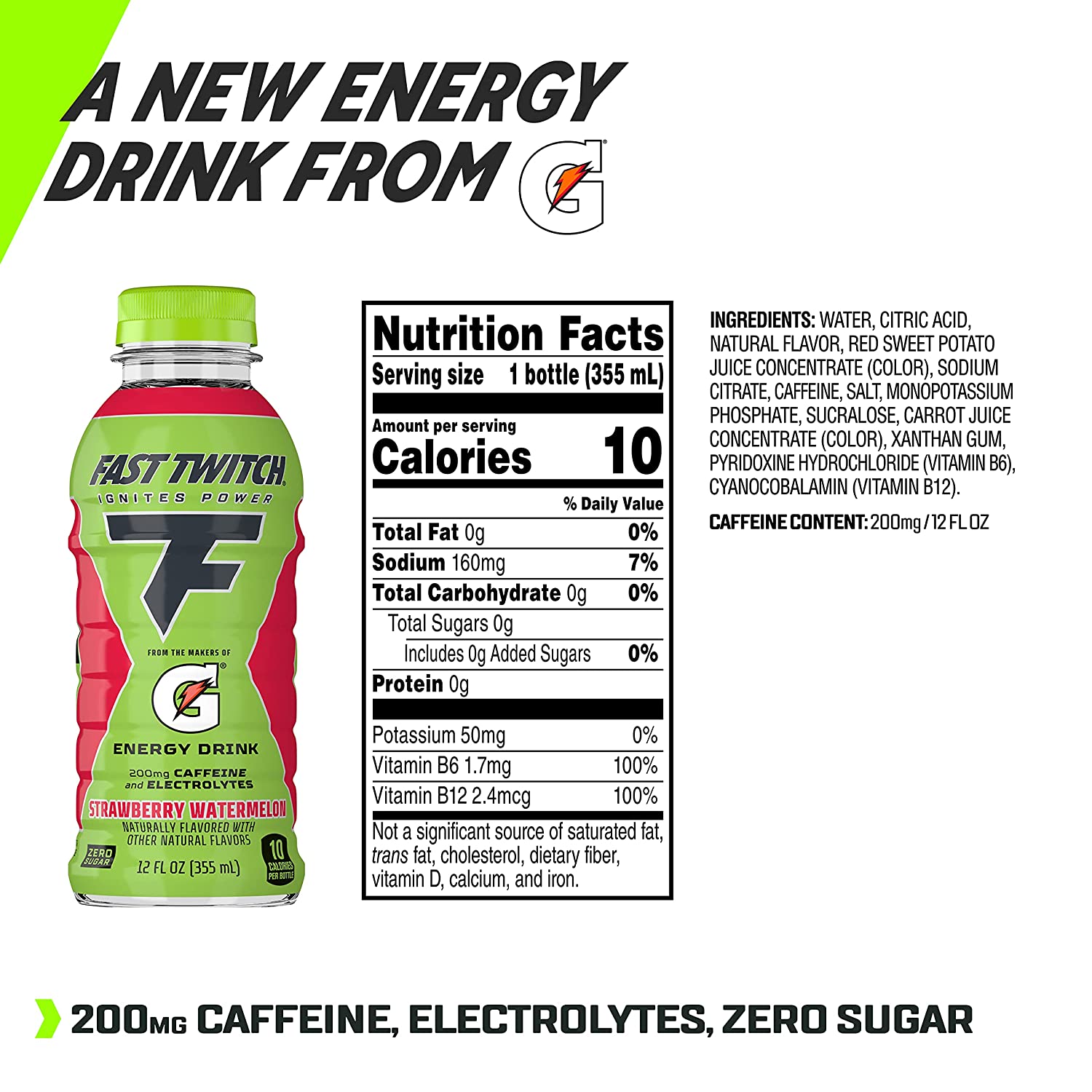 Fast Twitch Energy drink from Gatorade, Strawberry Watermelon, 12oz Bottles, (12 Pack), 200mg Caffeine, Zero Sugar, Electrolytes - Image 1